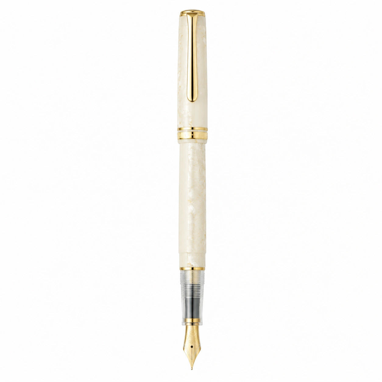Pluma estilográfica blanca con detalles dorados, punta fina