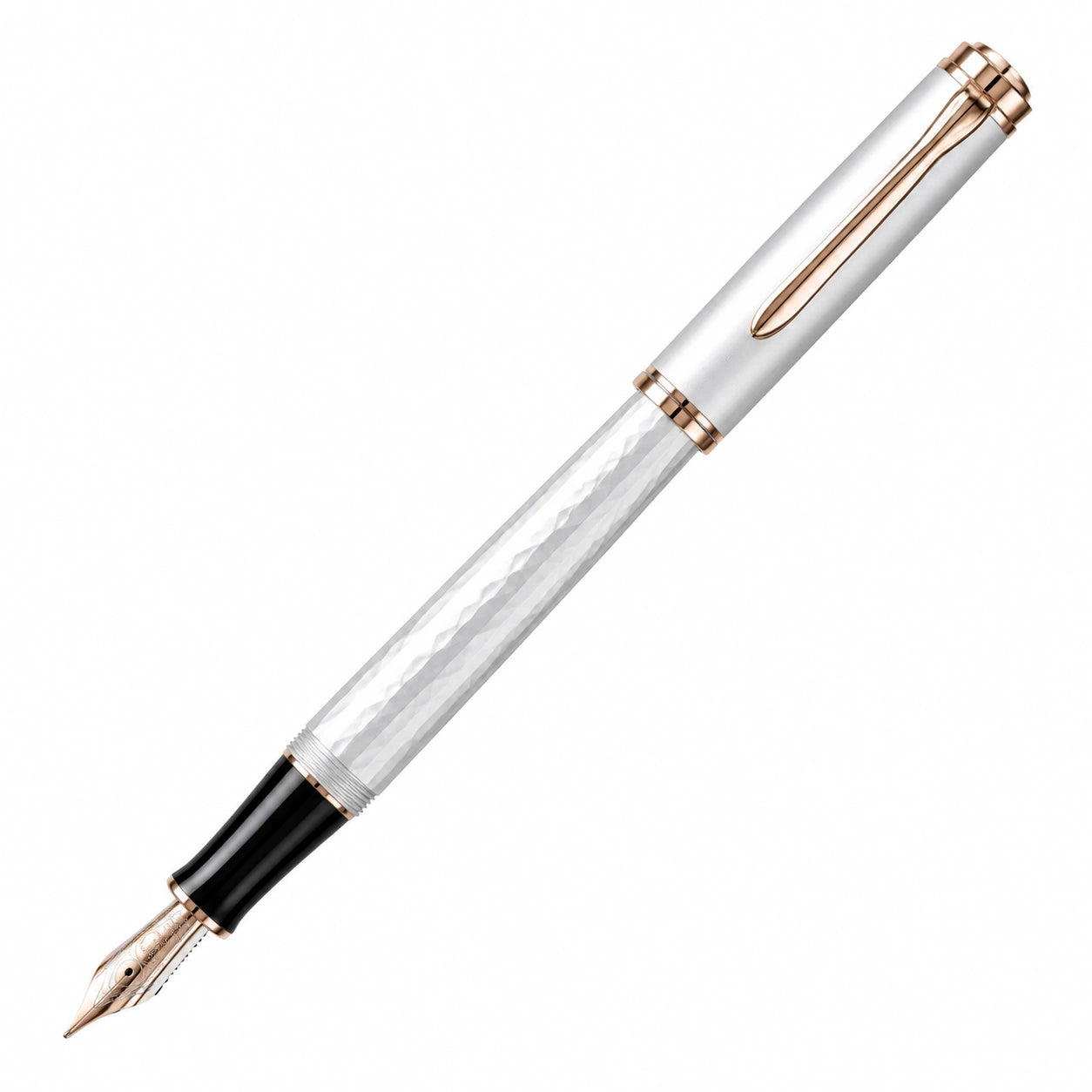 Pluma estilográfica blanca elegante con detalles en oro rosa
