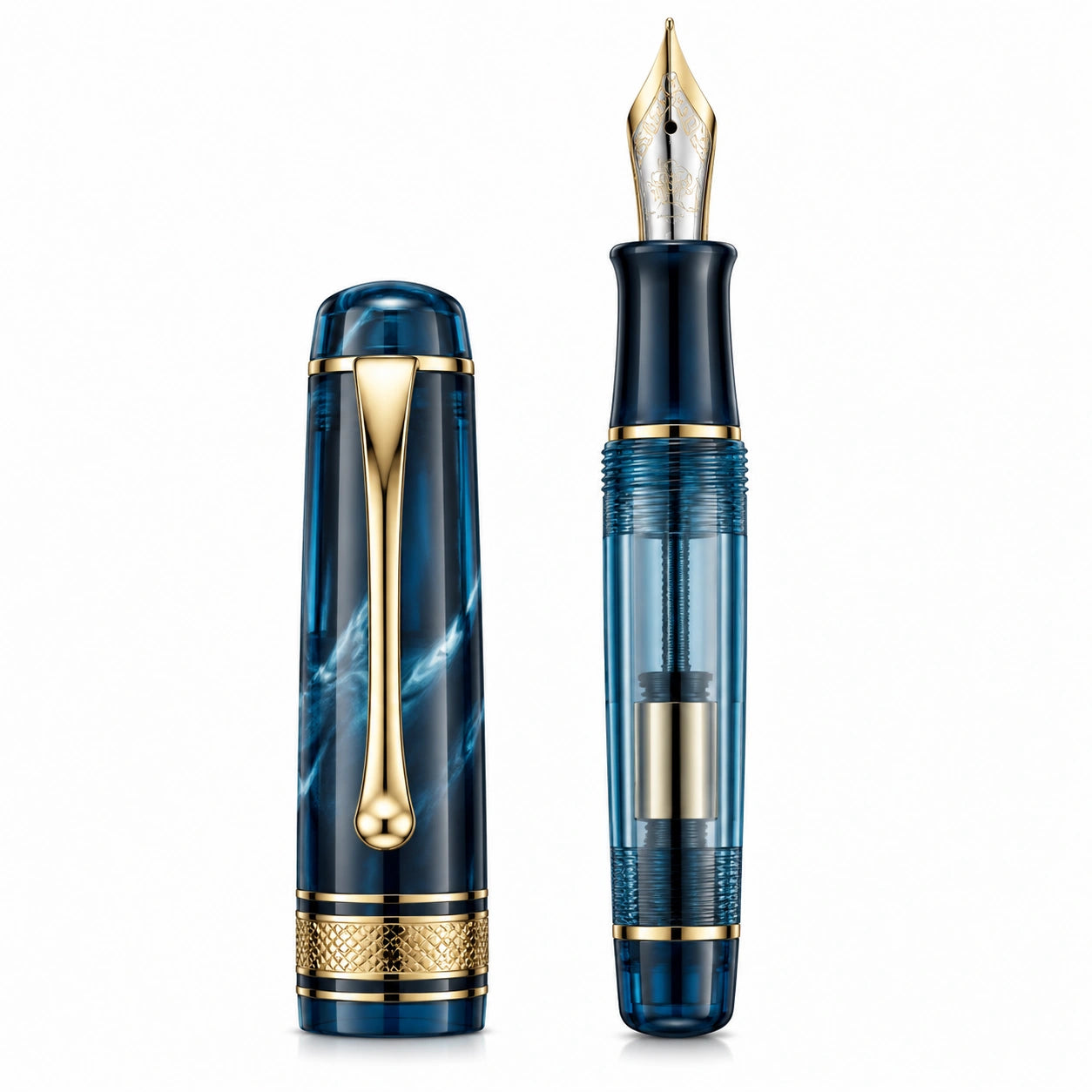 Pluma Estilográfica Azul Translúcido con Detalles Dorados